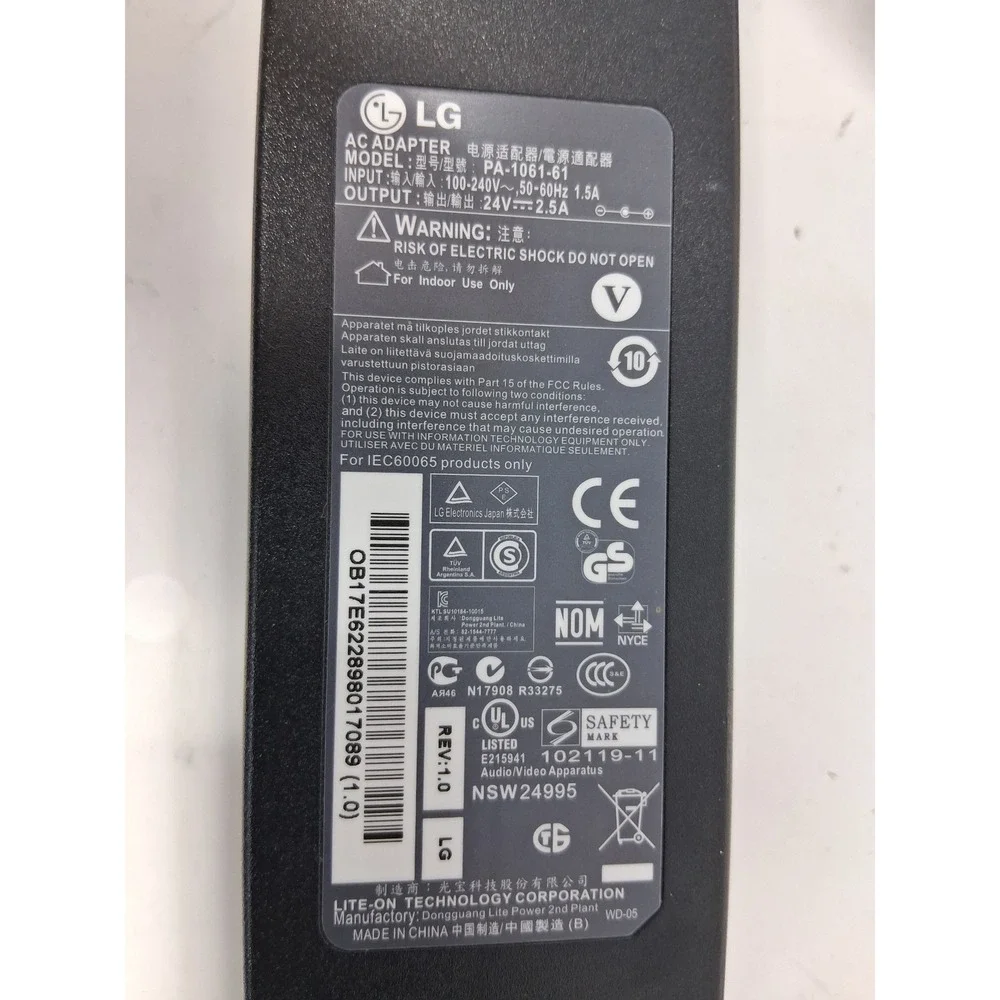 LG AC Adapter PA-1061-61 24V 2.5A Power Supply Cord Lite-On Black. Z